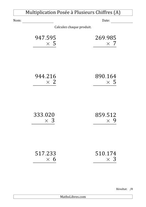 Multiplication d'un Nombre à 6 Chiffres par un Nombre à 1 Chiffre (Gros Caractère) avec un Point comme Séparateur de Milliers (A)
