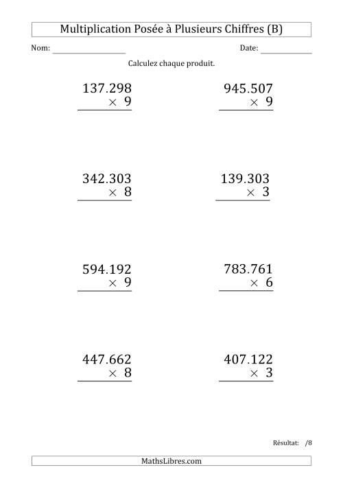 Multiplication d'un Nombre à 6 Chiffres par un Nombre à 1 Chiffre (Gros Caractère) avec un Point comme Séparateur de Milliers (B)
