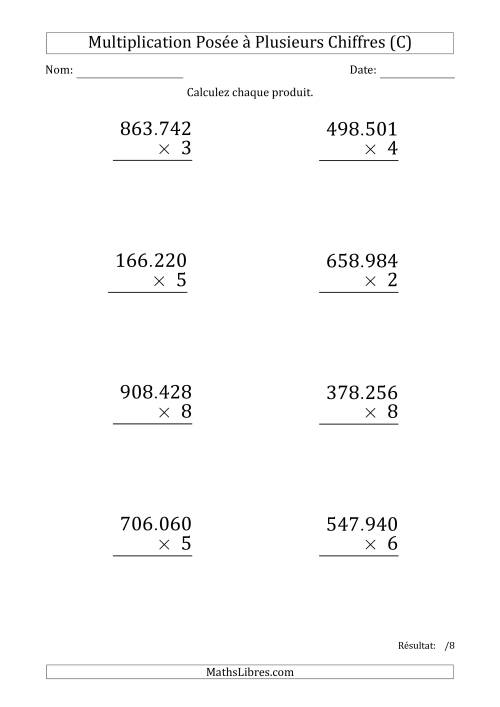 Multiplication d'un Nombre à 6 Chiffres par un Nombre à 1 Chiffre (Gros Caractère) avec un Point comme Séparateur de Milliers (C)