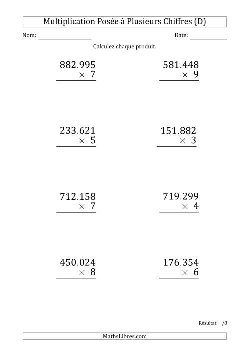 Multiplication d'un Nombre à 6 Chiffres par un Nombre à 1 Chiffre (Gros Caractère) avec un Point comme Séparateur de Milliers (D)