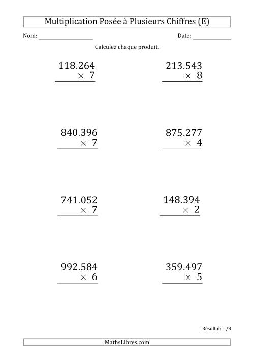 Multiplication d'un Nombre à 6 Chiffres par un Nombre à 1 Chiffre (Gros Caractère) avec un Point comme Séparateur de Milliers (E)