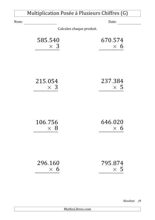 Multiplication d'un Nombre à 6 Chiffres par un Nombre à 1 Chiffre (Gros Caractère) avec un Point comme Séparateur de Milliers (G)