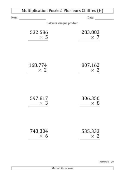 Multiplication d'un Nombre à 6 Chiffres par un Nombre à 1 Chiffre (Gros Caractère) avec un Point comme Séparateur de Milliers (H)