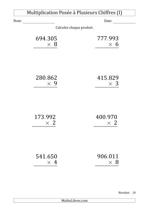 Multiplication d'un Nombre à 6 Chiffres par un Nombre à 1 Chiffre (Gros Caractère) avec un Point comme Séparateur de Milliers (I)