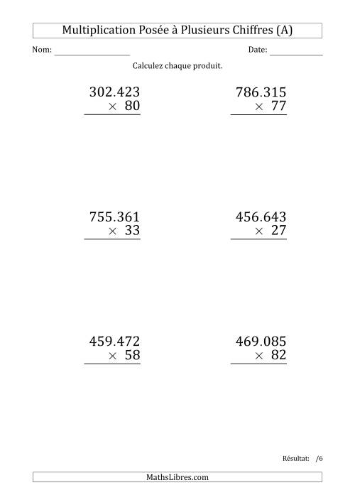 Multiplication d'un Nombre à 6 Chiffres par un Nombre à 2 Chiffres (Gros Caractère) avec un Point comme Séparateur de Milliers (A)