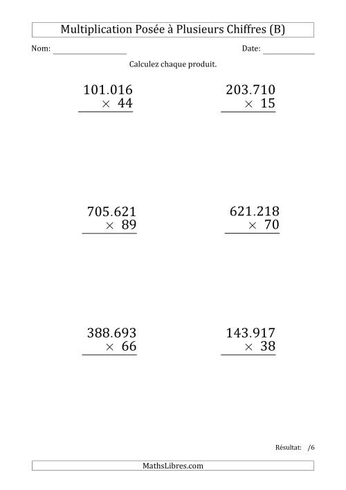 Multiplication d'un Nombre à 6 Chiffres par un Nombre à 2 Chiffres (Gros Caractère) avec un Point comme Séparateur de Milliers (B)