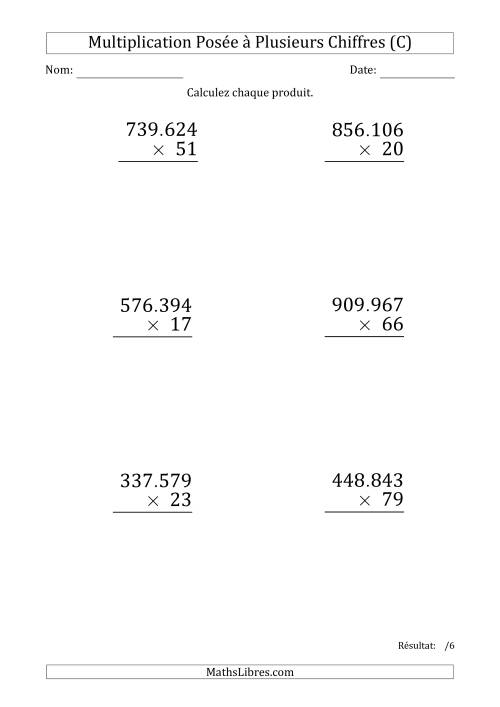 Multiplication d'un Nombre à 6 Chiffres par un Nombre à 2 Chiffres (Gros Caractère) avec un Point comme Séparateur de Milliers (C)
