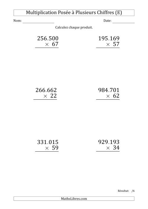 Multiplication d'un Nombre à 6 Chiffres par un Nombre à 2 Chiffres (Gros Caractère) avec un Point comme Séparateur de Milliers (E)