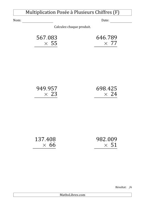 Multiplication d'un Nombre à 6 Chiffres par un Nombre à 2 Chiffres (Gros Caractère) avec un Point comme Séparateur de Milliers (F)