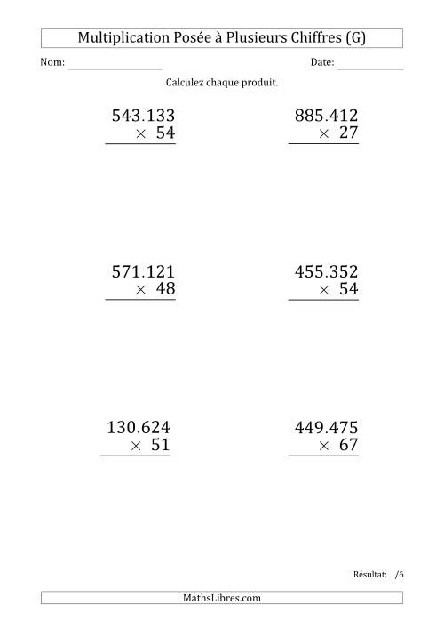 Multiplication d'un Nombre à 6 Chiffres par un Nombre à 2 Chiffres (Gros Caractère) avec un Point comme Séparateur de Milliers (G)