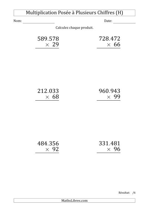 Multiplication d'un Nombre à 6 Chiffres par un Nombre à 2 Chiffres (Gros Caractère) avec un Point comme Séparateur de Milliers (H)