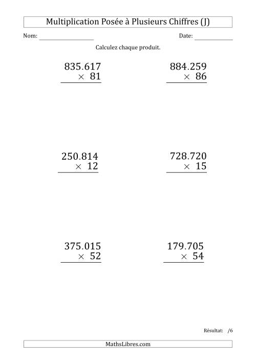 Multiplication d'un Nombre à 6 Chiffres par un Nombre à 2 Chiffres (Gros Caractère) avec un Point comme Séparateur de Milliers (J)