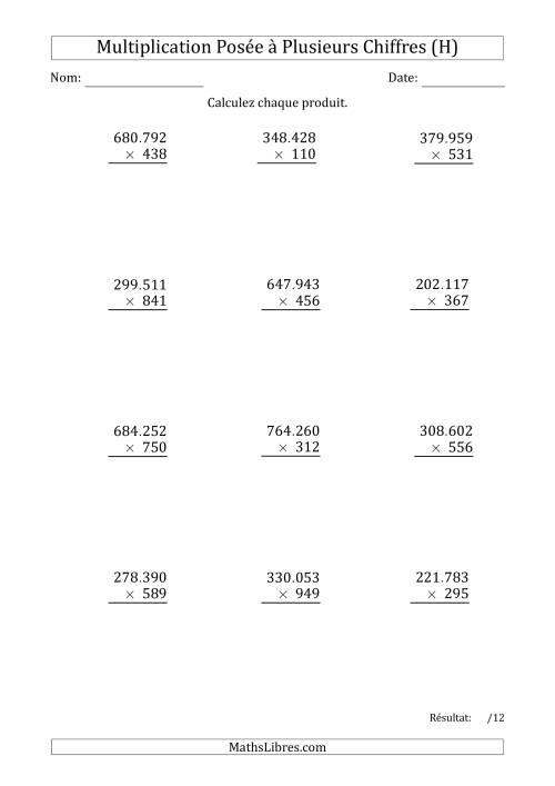 Multiplication d'un Nombre à 6 Chiffres par un Nombre à 3 Chiffres avec un Point comme Séparateur de Milliers (H)