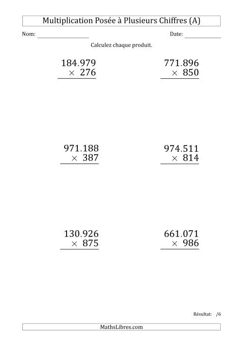 Multiplication d'un Nombre à 6 Chiffres par un Nombre à 3 Chiffres (Gros Caractère) avec un Point comme Séparateur de Milliers (A)
