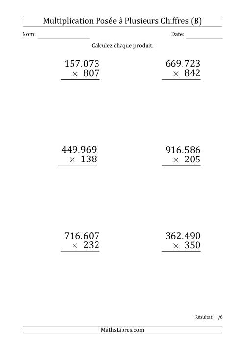 Multiplication d'un Nombre à 6 Chiffres par un Nombre à 3 Chiffres (Gros Caractère) avec un Point comme Séparateur de Milliers (B)