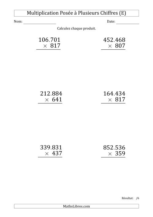 Multiplication d'un Nombre à 6 Chiffres par un Nombre à 3 Chiffres (Gros Caractère) avec un Point comme Séparateur de Milliers (E)