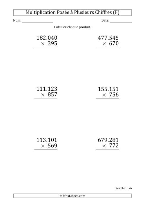 Multiplication d'un Nombre à 6 Chiffres par un Nombre à 3 Chiffres (Gros Caractère) avec un Point comme Séparateur de Milliers (F)