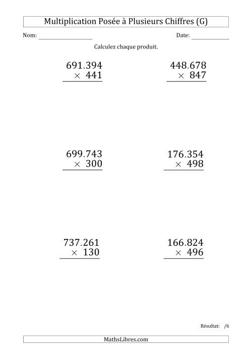 Multiplication d'un Nombre à 6 Chiffres par un Nombre à 3 Chiffres (Gros Caractère) avec un Point comme Séparateur de Milliers (G)