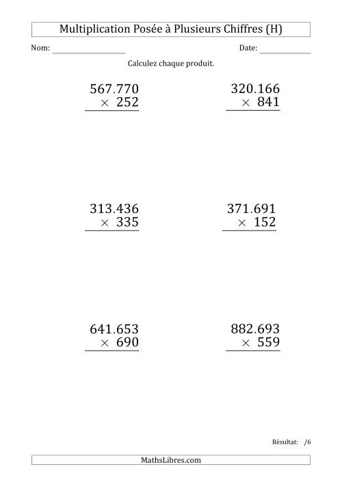 Multiplication d'un Nombre à 6 Chiffres par un Nombre à 3 Chiffres (Gros Caractère) avec un Point comme Séparateur de Milliers (H)