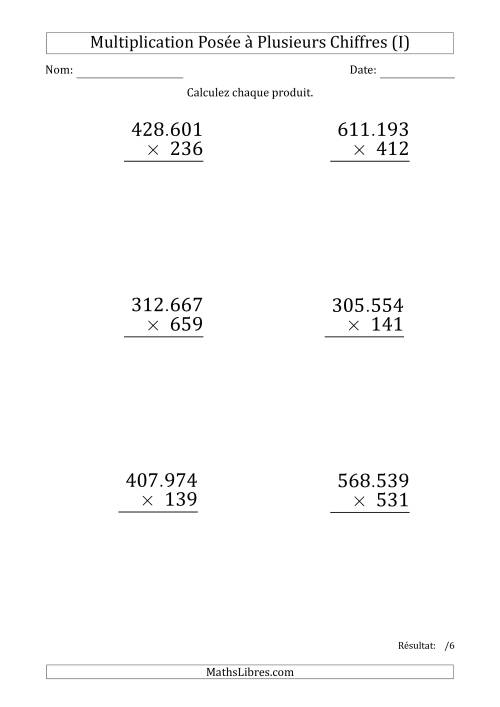 Multiplication d'un Nombre à 6 Chiffres par un Nombre à 3 Chiffres (Gros Caractère) avec un Point comme Séparateur de Milliers (I)