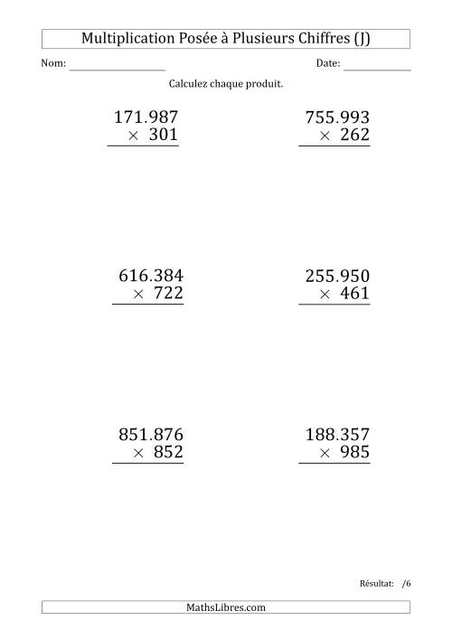 Multiplication d'un Nombre à 6 Chiffres par un Nombre à 3 Chiffres (Gros Caractère) avec un Point comme Séparateur de Milliers (J)