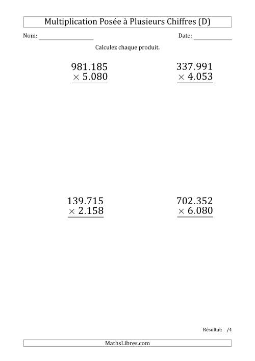 Multiplication d'un Nombre à 6 Chiffres par un Nombre à 4 Chiffres (Gros Caractère) avec un Point comme Séparateur de Milliers (D)