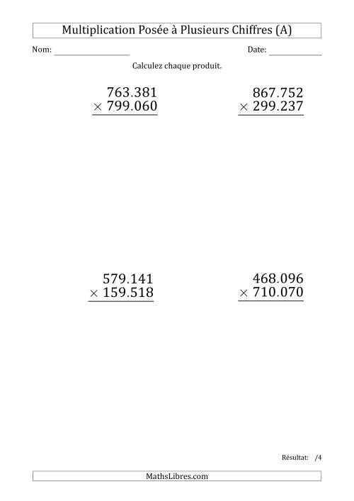 Multiplication d'un Nombre à 6 Chiffres par un Nombre à 6 Chiffres (Gros Caractère) avec un Point comme Séparateur de Milliers (A)