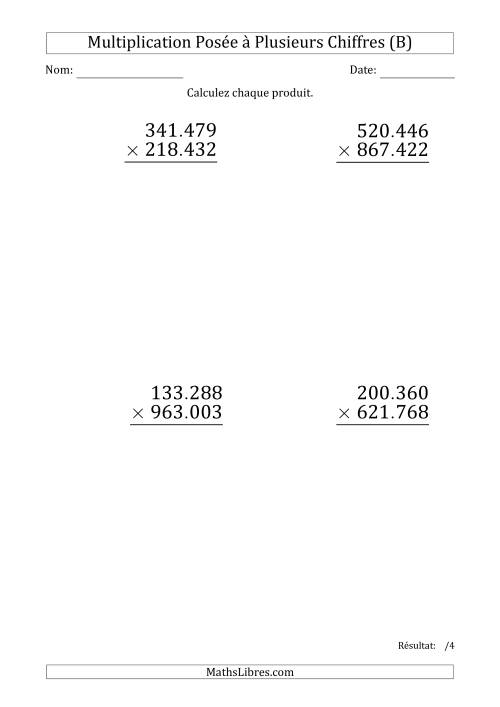 Multiplication d'un Nombre à 6 Chiffres par un Nombre à 6 Chiffres (Gros Caractère) avec un Point comme Séparateur de Milliers (B)