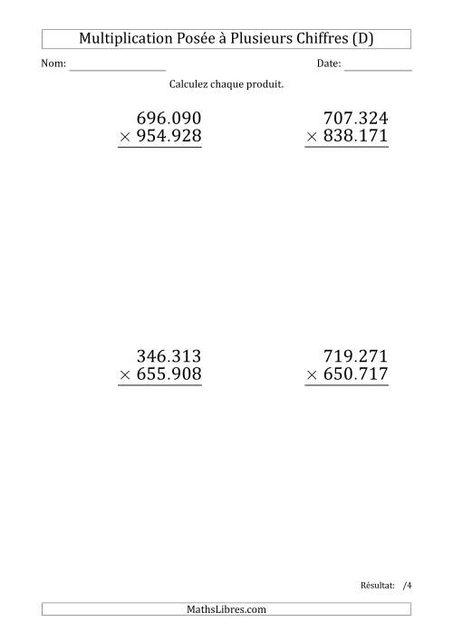 Multiplication d'un Nombre à 6 Chiffres par un Nombre à 6 Chiffres (Gros Caractère) avec un Point comme Séparateur de Milliers (D)