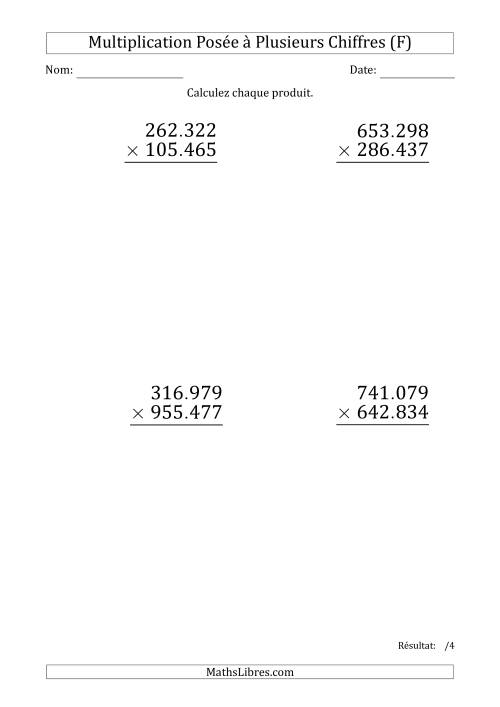 Multiplication d'un Nombre à 6 Chiffres par un Nombre à 6 Chiffres (Gros Caractère) avec un Point comme Séparateur de Milliers (F)