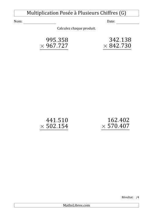 Multiplication d'un Nombre à 6 Chiffres par un Nombre à 6 Chiffres (Gros Caractère) avec un Point comme Séparateur de Milliers (G)