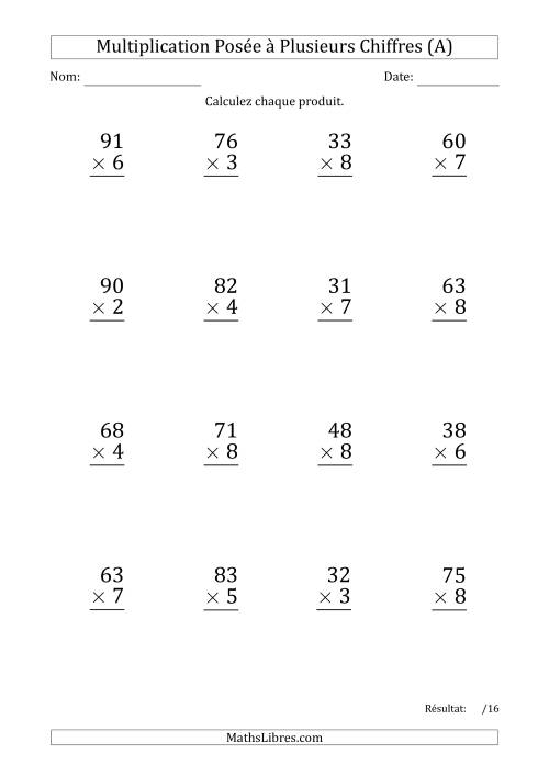 Multiplication d'un Nombre à 2 Chiffres par un Nombre à 1 Chiffre (Gros Caractère) (A)