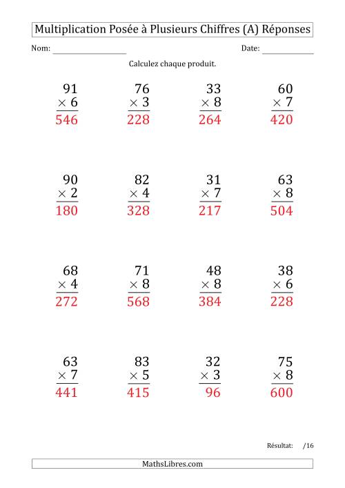 Multiplication d'un Nombre à 2 Chiffres par un Nombre à 1 Chiffre (Gros Caractère) (A) page 2