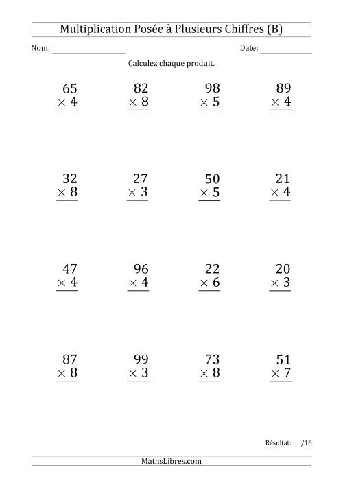 Multiplication d'un Nombre à 2 Chiffres par un Nombre à 1 Chiffre (Gros Caractère) (B)