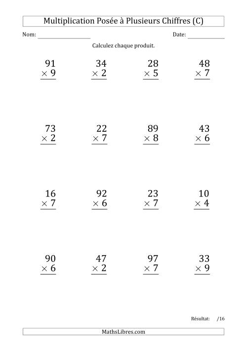 Multiplication d'un Nombre à 2 Chiffres par un Nombre à 1 Chiffre (Gros Caractère) (C)