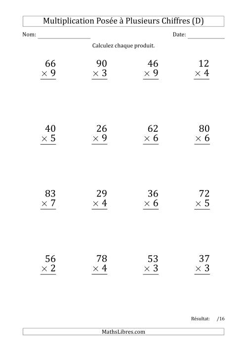Multiplication d'un Nombre à 2 Chiffres par un Nombre à 1 Chiffre (Gros Caractère) (D)