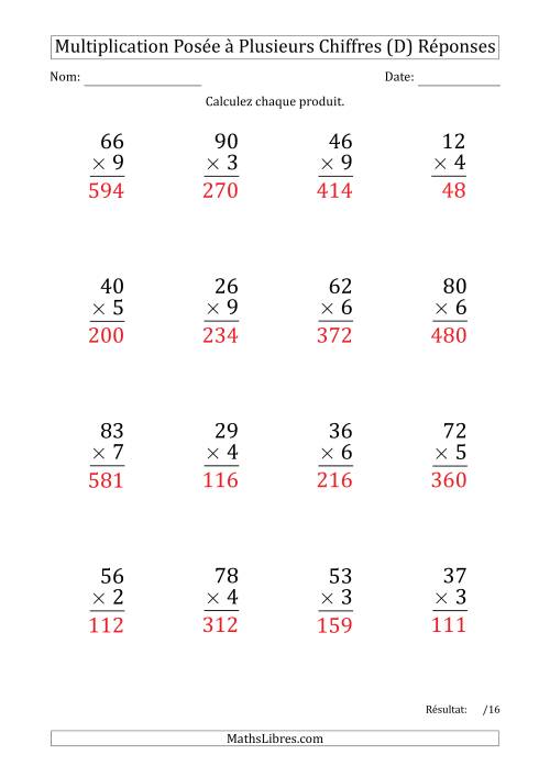 Multiplication d'un Nombre à 2 Chiffres par un Nombre à 1 Chiffre (Gros Caractère) (D) page 2