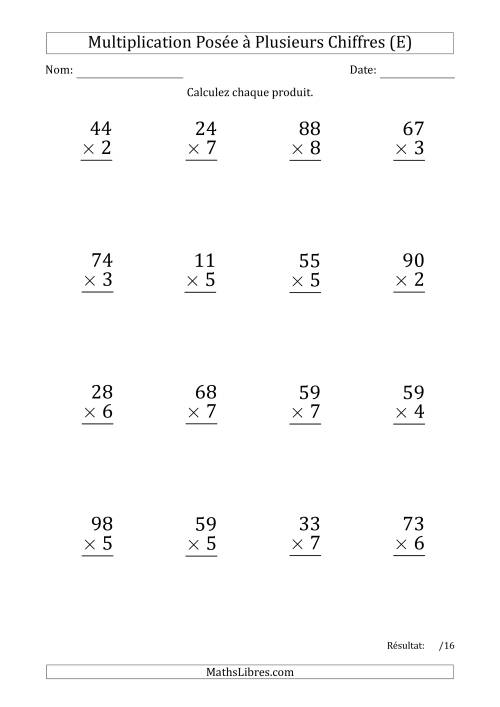 Multiplication d'un Nombre à 2 Chiffres par un Nombre à 1 Chiffre (Gros Caractère) (E)
