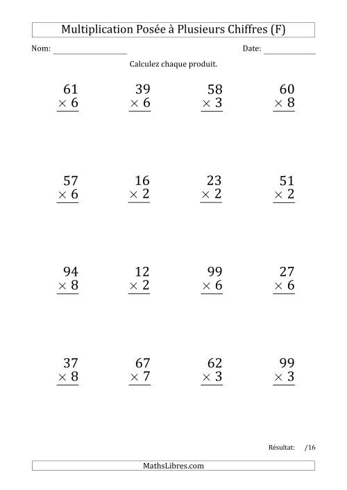 Multiplication d'un Nombre à 2 Chiffres par un Nombre à 1 Chiffre (Gros Caractère) (F)