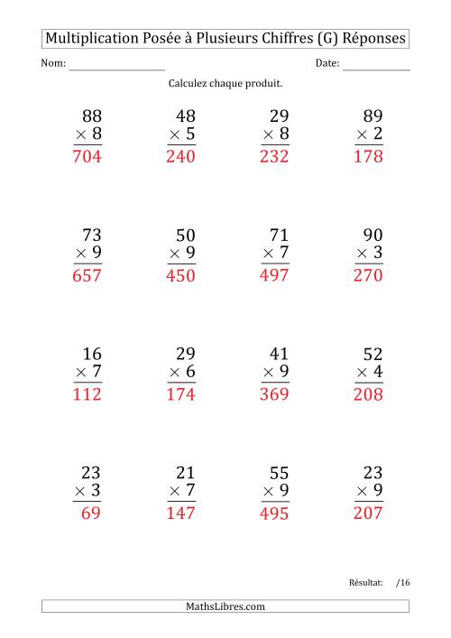Multiplication d'un Nombre à 2 Chiffres par un Nombre à 1 Chiffre (Gros Caractère) (G) page 2