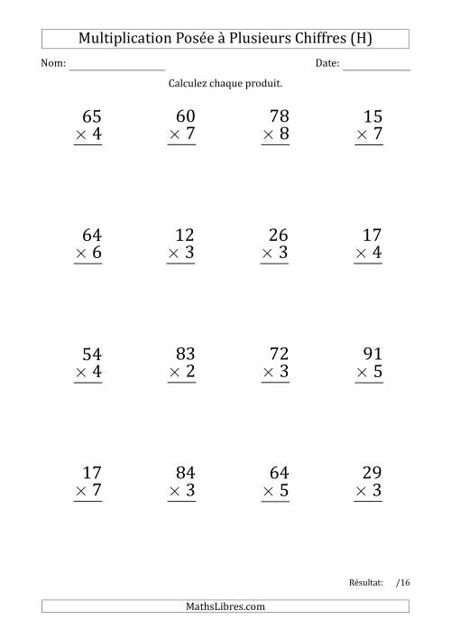 Multiplication d'un Nombre à 2 Chiffres par un Nombre à 1 Chiffre (Gros Caractère) (H)