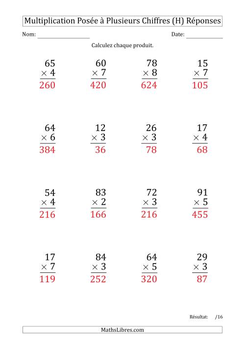 Multiplication d'un Nombre à 2 Chiffres par un Nombre à 1 Chiffre (Gros Caractère) (H) page 2