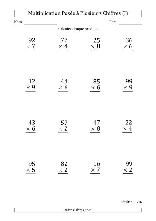 Multiplication d'un Nombre à 2 Chiffres par un Nombre à 1 Chiffre (Gros Caractère) (I)