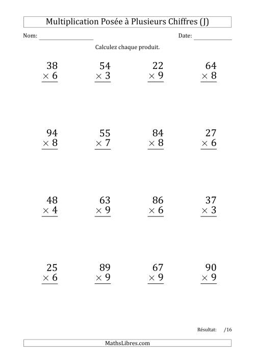 Multiplication d'un Nombre à 2 Chiffres par un Nombre à 1 Chiffre (Gros Caractère) (J)