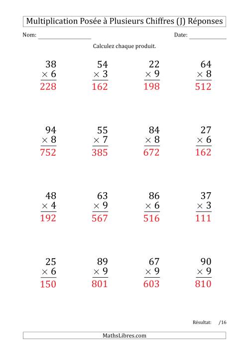 Multiplication d'un Nombre à 2 Chiffres par un Nombre à 1 Chiffre (Gros Caractère) (J) page 2