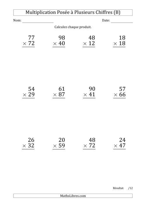 Multiplication d'un Nombre à 2 Chiffres par un Nombre à 2 Chiffres (Gros Caractère) (B)
