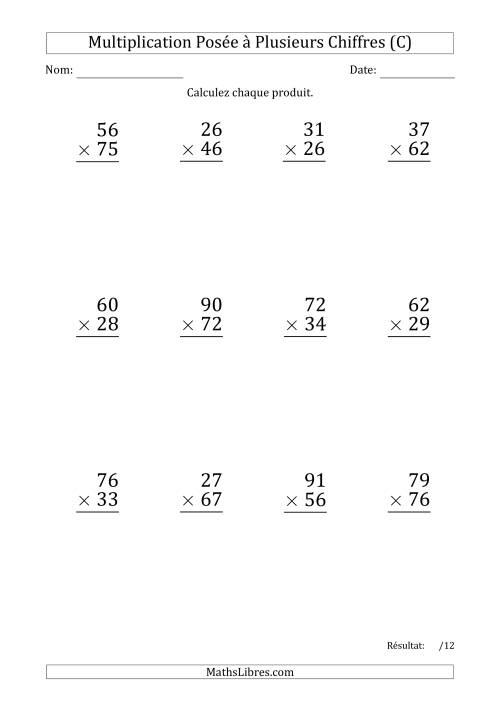 Multiplication d'un Nombre à 2 Chiffres par un Nombre à 2 Chiffres (Gros Caractère) (C)