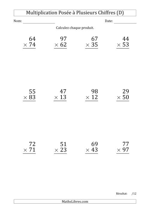 Multiplication d'un Nombre à 2 Chiffres par un Nombre à 2 Chiffres (Gros Caractère) (D)