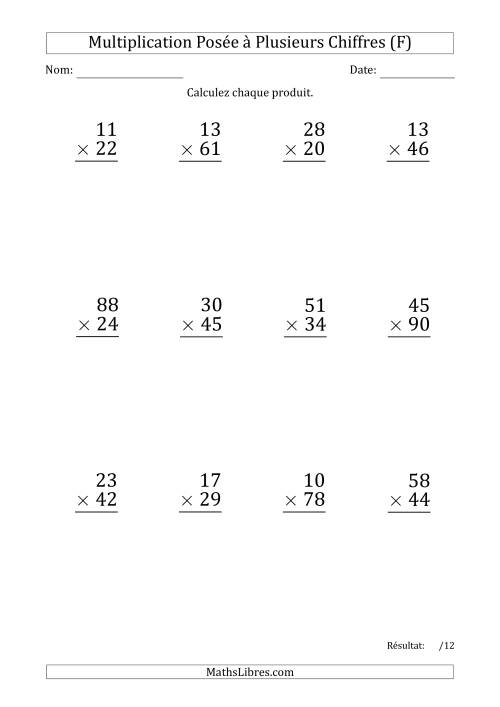 Multiplication d'un Nombre à 2 Chiffres par un Nombre à 2 Chiffres (Gros Caractère) (F)