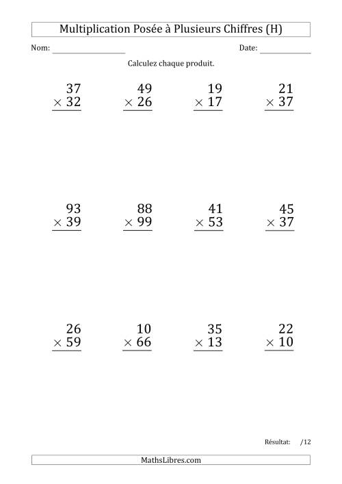 Multiplication d'un Nombre à 2 Chiffres par un Nombre à 2 Chiffres (Gros Caractère) (H)